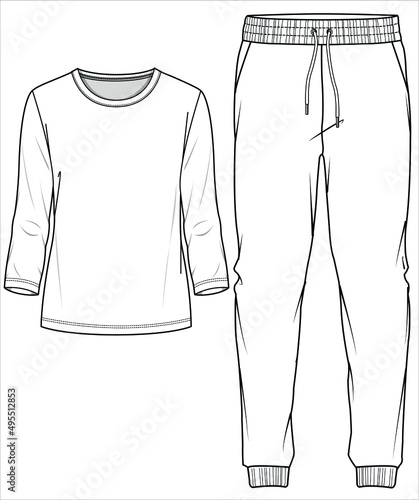 TEE AND JOGGERS FLAT SKETCH OF NIGHTWEAR SET FOR WOMEN AND TEEN GIRLS IN EDITABLE VECTOR FILE