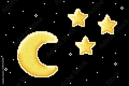 Crescent moon and stars pixel art. Vector illustration. 