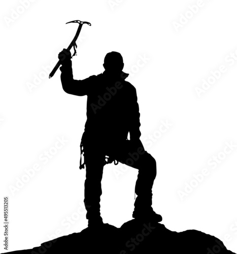 black silhouette of climber with ice axe in hand on white background, vector illustration