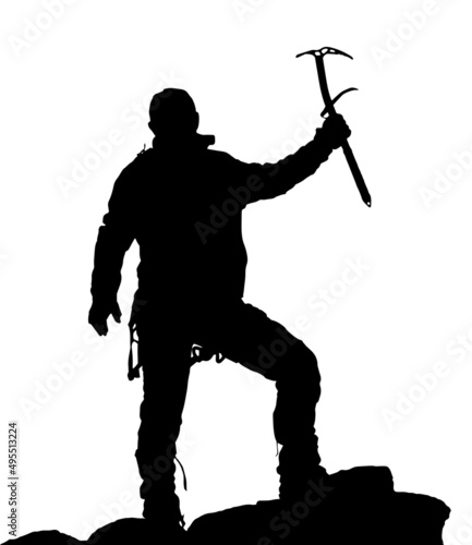 black silhouette of climber with ice axe in hand on white background, vector illustration