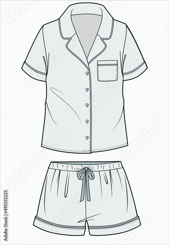 NOTCH  COLLAR TOP AND SHORTS FLAT SKETCH OF NIGHTWEAR SET FOR WOMEN AND TEEN GIRLS IN EDITABLE VECTOR FILE