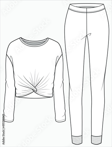 TWISTED FRONT TEE AND JOGGERS FLAT SKETCH OF NIGHTWEAR SET FOR WOMEN AND TEEN GIRLS IN EDITABLE VECTOR FILE