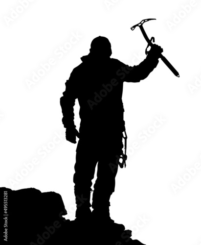 black silhouette of climber with ice axe in hand on white background, vector illustration