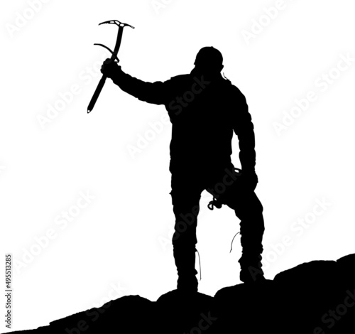 black silhouette of climber with ice axe in hand on white background, vector illustration