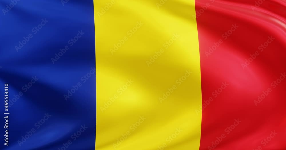 Flag of Romania. Seamless looping animation fluttering in the wind. Background Loop. 