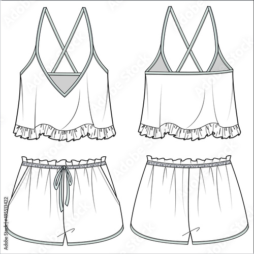 CAMI AND SHORTS FLAT SKETCH OF NIGHTWEAR SET FOR WOMEN AND TEEN GIRLS IN EDITABLE VECTOR FILE