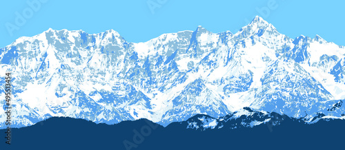 Great Himalayan range, Himalayas mountains vector illustration, snowcapped white and blue colored mountain
