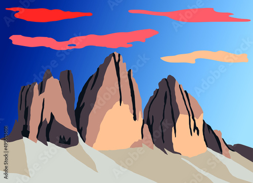 vector illustration Tre cime di Lavaredo with blue sky, Dolomites mountais, Italy