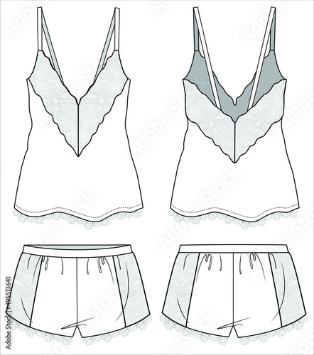 LACE CAMI AND SHORTS FLAT SKETCH OF NIGHTWEAR SET FOR WOMEN AND TEEN GIRLS IN EDITABLE VECTOR FILE