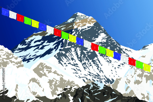 mount Everest with prayer flags as seen from gokyo, vector illustration, Mt Everest 8,848 m, Khumbu valley, Sagarmatha national park, Nepal Himalayas mountains