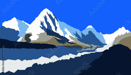 Khumbu glacier and Mount Pumori, vector illustration, Khumbu valley, Sagarmatha national park, Nepal Himalaya mountain