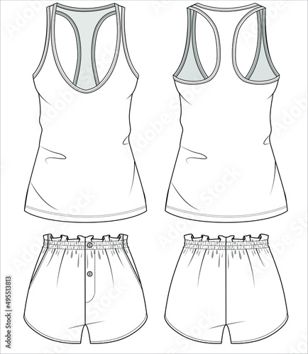 RACER BACK TANK TOP  WITH  WOVENN  SHORTS
NIGHTWEAR SET FOR WOMEN AND TEEN GIRLS IN EDITABLE VECTOR FILE photo