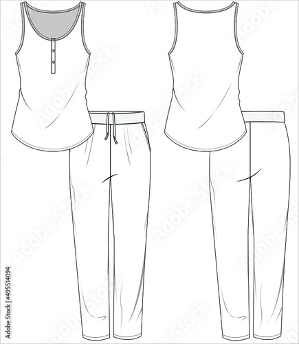 SLEEVLESS TEE WITH PLACKET AND PYJAMA NIGHTWEAR SET FOR WOMEN AND TEEN GIRLS IN EDITABLE VECTOR FILE