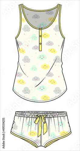 DOODLE SEAMLESS PRINT CAMI AND BOY SHORTS NIGHTWEAR SET FOR WOMEN AND TEEN GIRLS IN EDITABLE VECTOR FILE