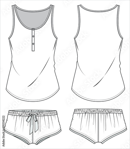 SLEEVLESS TEE WITH PLACKET AND KNIT BOY SHORTS NIGHTWEAR SET FOR WOMEN AND TEEN GIRLS IN EDITABLE VECTOR FILE