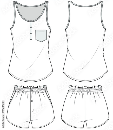 SLEEVLESS TEE WITH PLACKET AND CONTRAST POCKET AND KNIT SHORTS NIGHTWEAR SET FOR WOMEN AND TEEN GIRLS IN EDITABLE VECTOR FILE