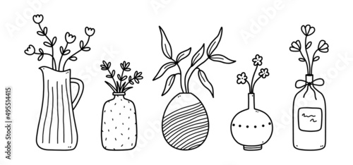 Set of cute flowers and twigs in ceramic vases isolated on white background. Vector hand-drawn illustration in doodle style. Perfect for cards, decorations, logo.