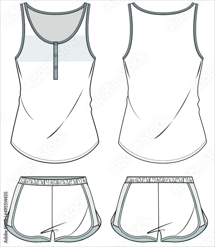 CUT  AND SEW PANEL SLEEVLESS TEE WITH PLACKET AND SPORTY  SHORTS NIGHTWEAR SET FOR WOMEN AND TEEN GIRLS IN EDITABLE VECTOR FILE