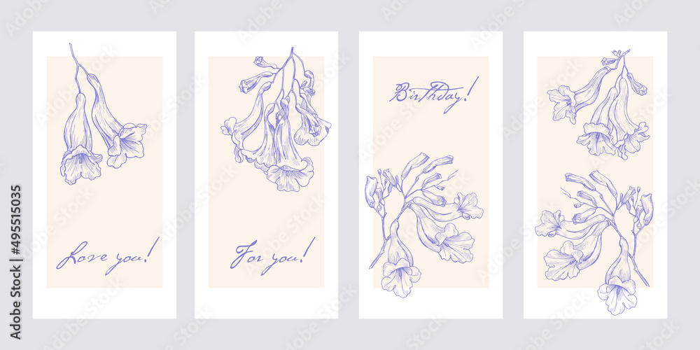 Vector floral template for design greeting card invitation gift. Outline style flowers jacaranda tree. Violet elements on a beige background. Hand drawn illustration
