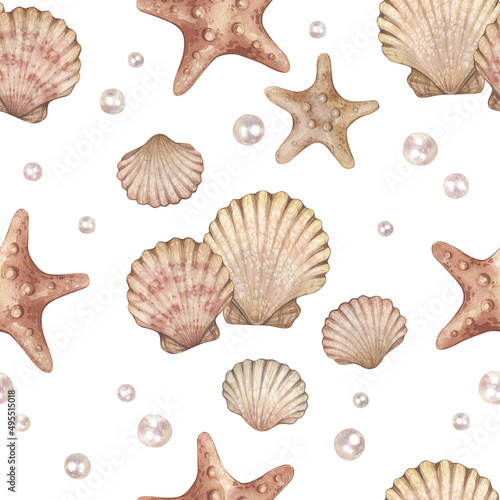 Watercolor seamless pattern with vintage seashells and pearls isolated on white background. Marine collection.