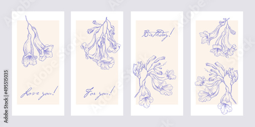 Vector floral template for design greeting card invitation gift. Outline style flowers jacaranda tree. Violet elements on a beige background. Hand drawn illustration photo