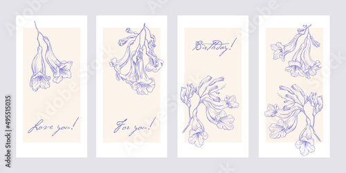 Vector floral template for design greeting card invitation gift. Outline style flowers jacaranda tree. Violet elements on a beige background. Hand drawn illustration