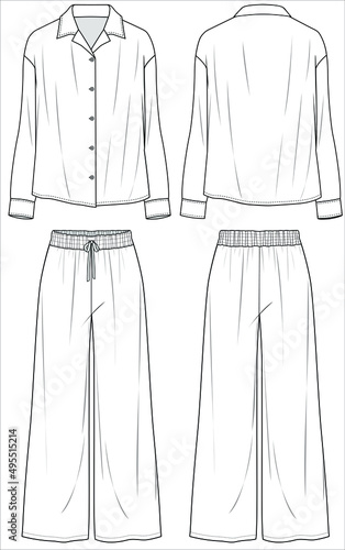 RESORT COLLAR LONG SLEEVES TOP WITH FLARED BOTTOM MATCHING PYJAMA SET FOR WOMEN IN EDITABLE VECTOR FILE