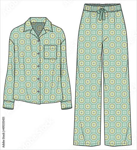 NOTCH COLLAR TOP WITH WIDE LEG BOTTOM RETRO PATTERN SATIN MATCHING PYJAMA SET FOR WOMEN IN EDITABLE VECTOR FIL