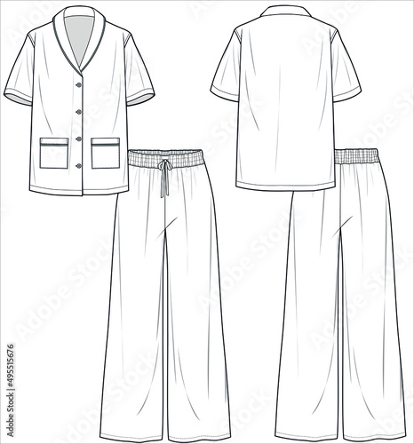 SHAWL COLLAR SHORT SLEEVES TOP WITH FLARED BOTTOM MATCHING PYJAMA SET FOR WOMEN IN EDITABLE VECTOR FILE