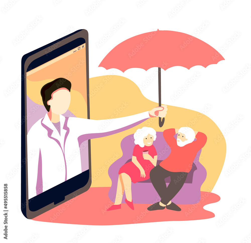Man defends elderly people by umbrella from mobile phone. Vector concept for remote distant protection senior people online