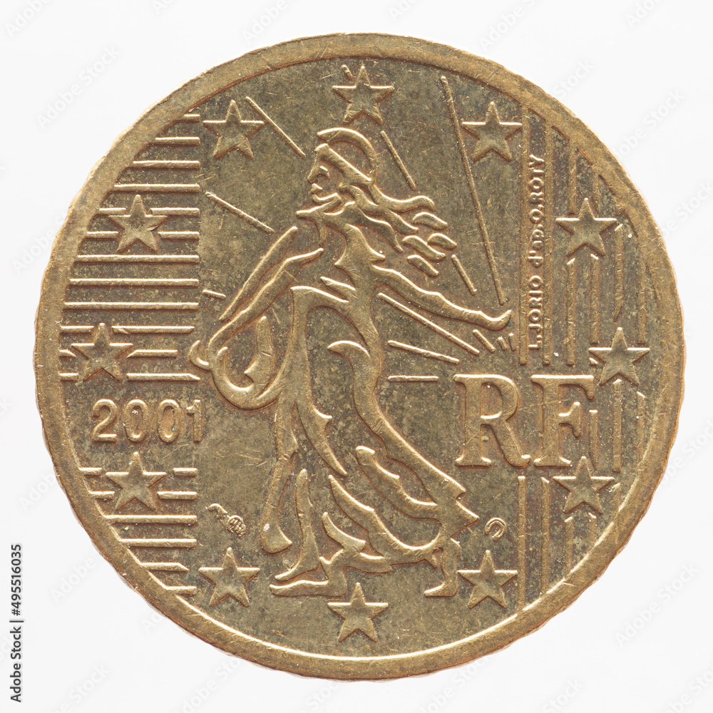 France - circa 2001: a 50 cent coin of France showing the sower with flowing hair and the rising sun France - circa 2001: a 50 cent coin of France showing the sower with flowing hair and the rising sun