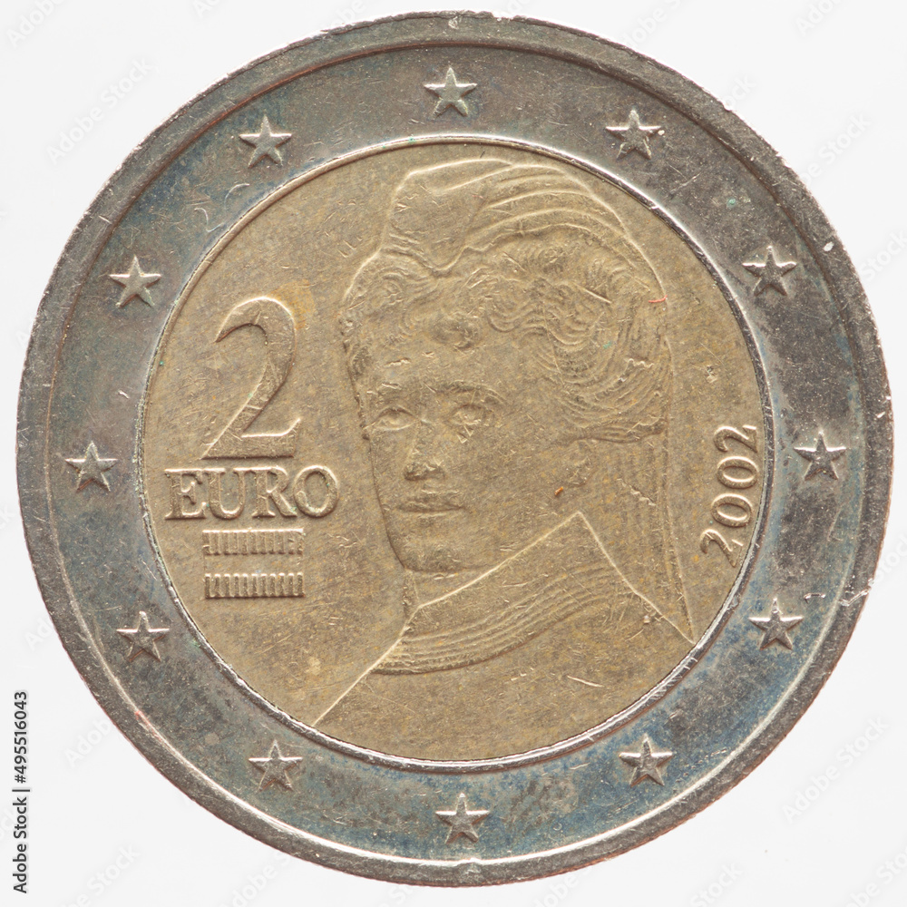 2 Euro Münze Bertha Von Suttner 2002 Austria - circa 2002: a 2 Euro coin of Austria showing a portrait of