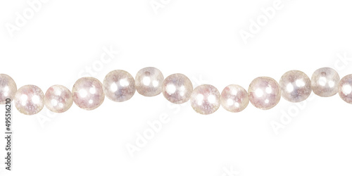 Watercolor seamless garland with vintage pearl beads isolated on white background. Marine collection.