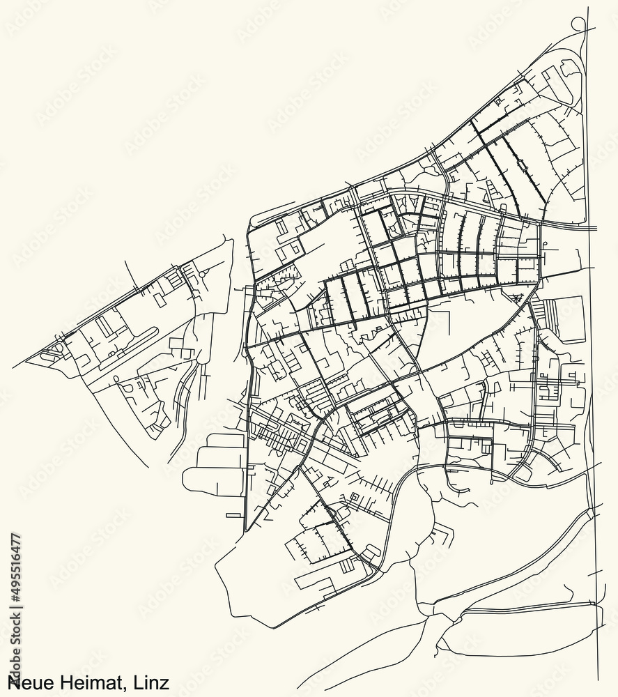 Detailed navigation black lines urban street roads map of the NEUE HEIMAT DISTRICT of the Austrian regional capital city of Linz, Austria on vintage beige background