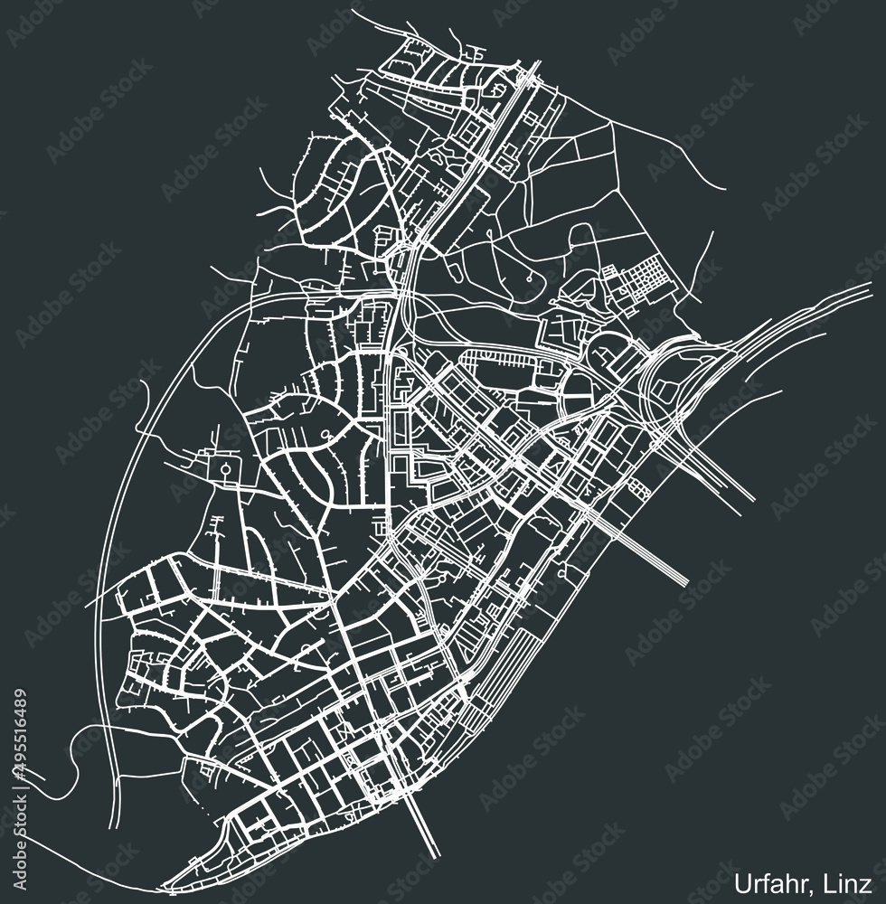 Detailed negative navigation white lines urban street roads map of the URFAHR DISTRICT of the Austrian regional capital city of Linz, Austria on dark gray background