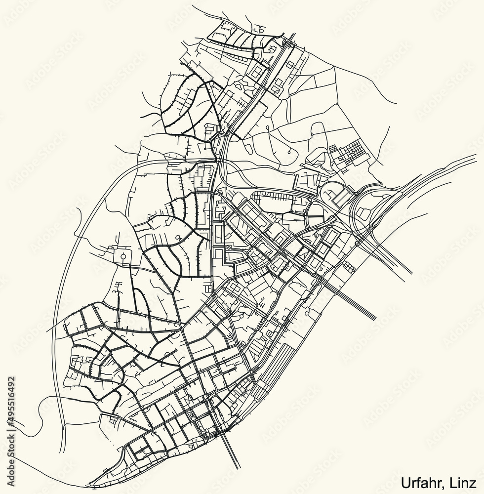Detailed navigation black lines urban street roads map of the URFAHR DISTRICT of the Austrian regional capital city of Linz, Austria on vintage beige background