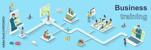 Business training concept 3d isometric web banner. People listen to speaker at seminar, improve professional skills by business meetings. Vector illustration for landing page and web template design