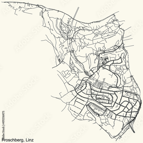 Detailed navigation black lines urban street roads map of the FROSCHBERG DISTRICT of the Austrian regional capital city of Linz  Austria on vintage beige background