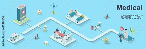 Medical center concept 3d isometric web banner. People receive online consultation, patients lying in ward, surgery, ambulance at hospital. Vector illustration for landing page and web template design