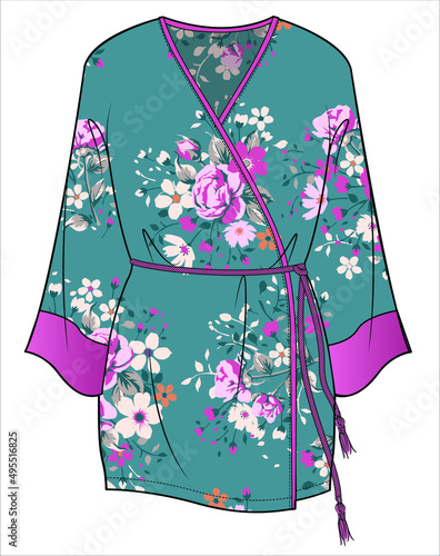 ORIENTEL KIMONO WITH SATIN TRIM LOUNGE WEAR FOR WOMEN IN EDITABLE VECTOR FILE