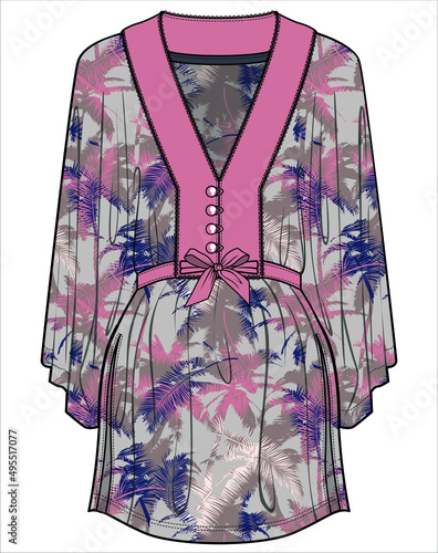 ORIENTAL KIMONO WITH SATIN TRIM LOUNGE WEAR FOR WOMEN IN EDITABLE VECTOR FILE