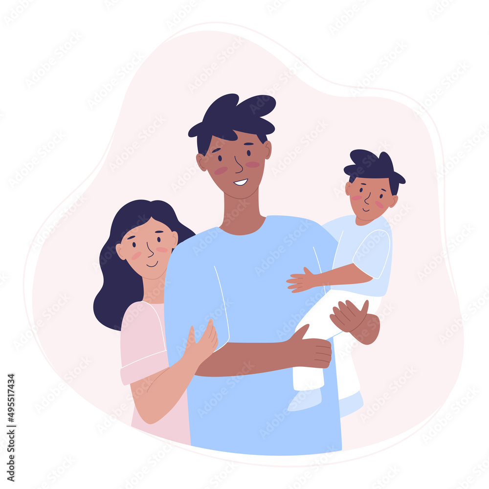 Fototapeta premium Happy family. Father, mother and son together. A mixed-sex couple with a child. Flat style vector illustration. Family portrait
