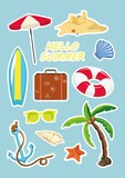 Vector colorful collection of summer stickers. Set of summer icons on blue background. Printable template a4 a5