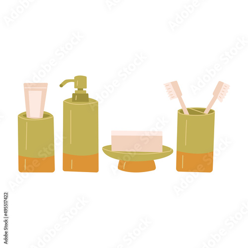 Set of bathroom accessories, dispenser with detergent, toothpaste and brushes, soap. Morning routine. Hygiene products. Colorful vector isolated illustration hand drawn