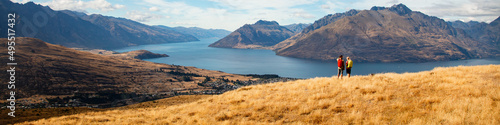 Panorama of young backpacking New Zealand adventure hikers