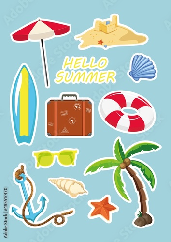 Vector colorful collection of summer stickers. Set of summer icons on blue background. Printable template a4 a5
