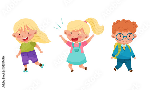 Happy kids having fun outdoors set. Boy and girl rollerblading and walking cartoon vector illustration