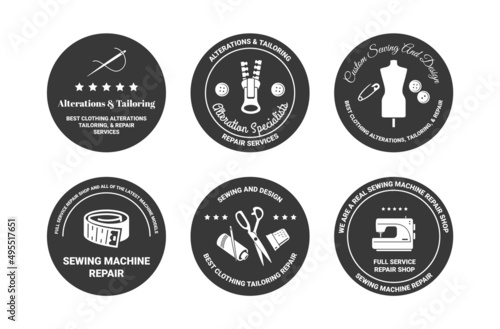 Collection clothing tailoring repair circle monochrome label vector flat illustration