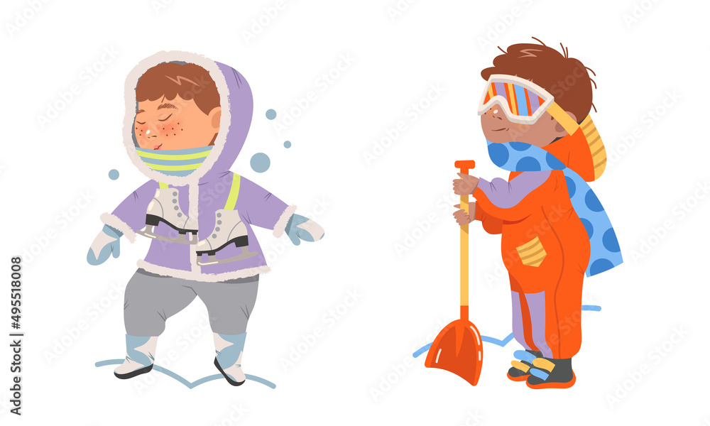 Kids winter activities set. Cute girl skating, boy shoveling snow cartoon vector illustration Kids winter activities set. Cute girl skating, boy shoveling snow cartoon vector illustration