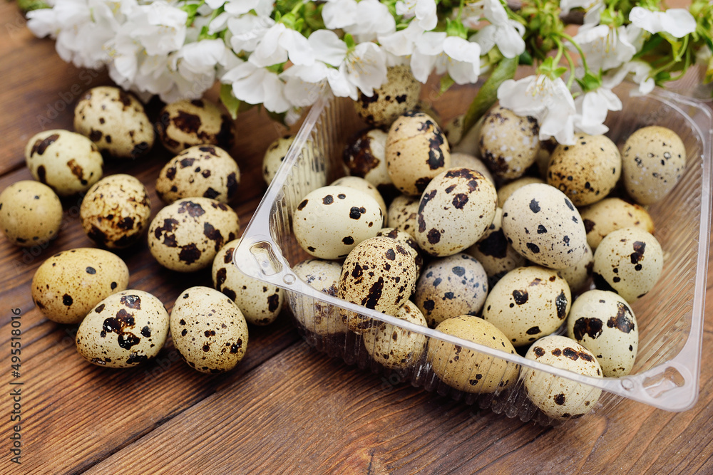 quail eggs close-up on a wooden table against the background of a flowering branch. quail eggs close-up on a wooden table against the background of a flowering branch.